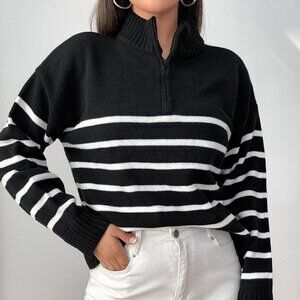 Preppy Striped Pattern Half Zipper Drop Shoulder Sweater